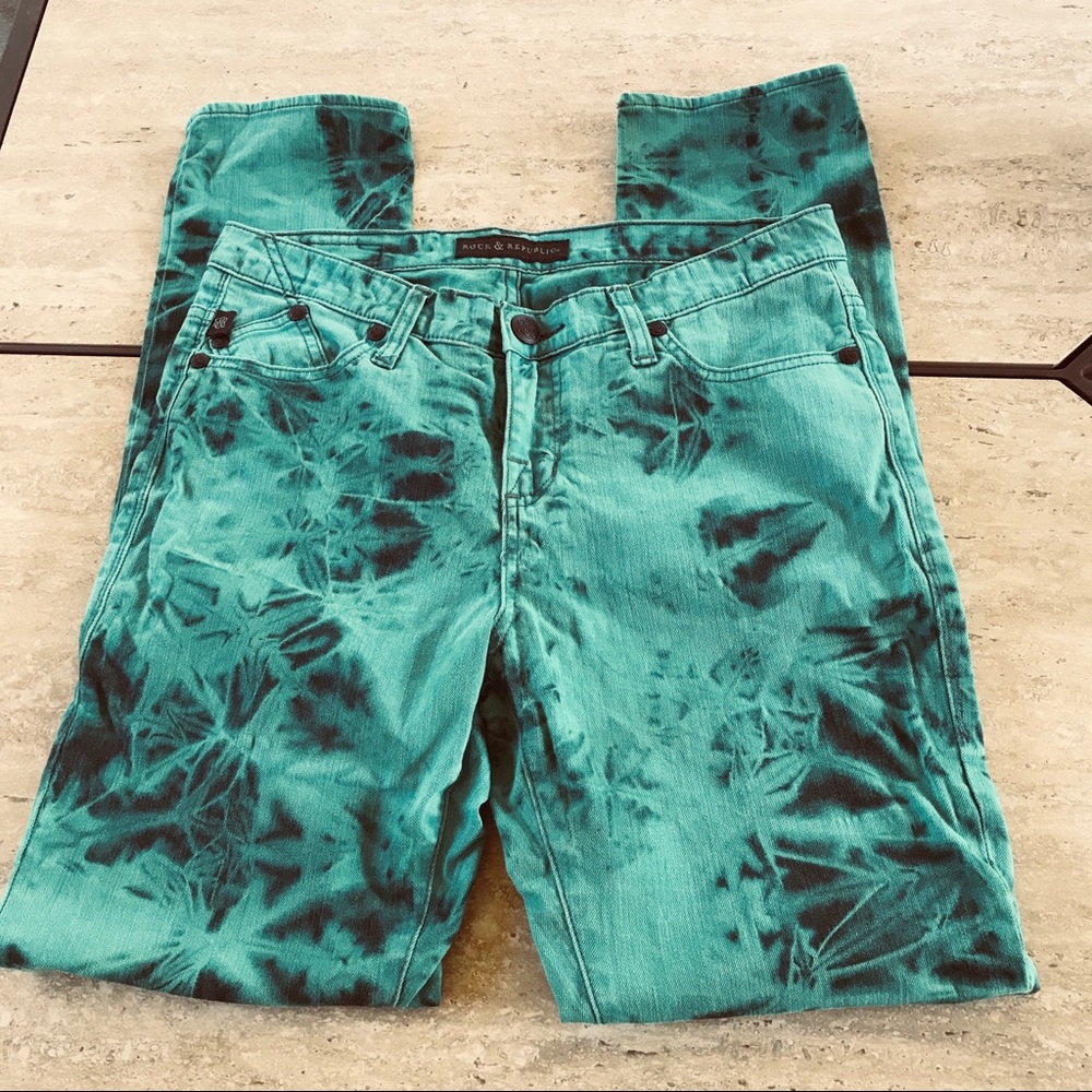 Rock & Republic Berlin Jeans 31 X 30 Teal Tie Dye